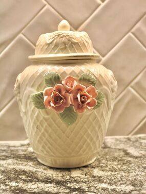 Vintage Ivory Ceramic Ginger Jar with Pink Rose Appliqué